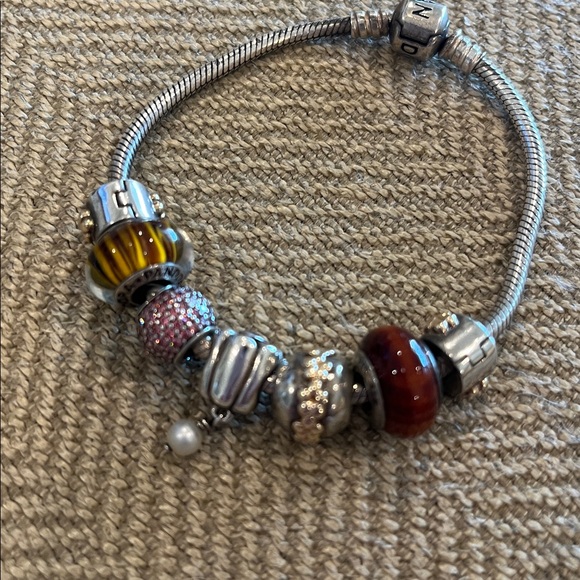Pandora Silver Bracelet with 7 silver & gold, brown charms - Picture 2 of 2
